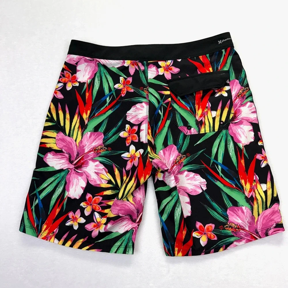 Hurley Phantom Board Shorts Mens 34 Black Pink Tropical Floral Hibiscus Stretch‎